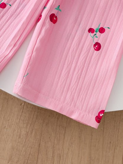 Summer European and American Fashion Baby Girl Onesies, Retro Casual Onesies with Cute Cherry Prints, Playful Flutter Sleeves, Suitable for Daily Wear, Outdoor Activities, Perfect for Outdoor