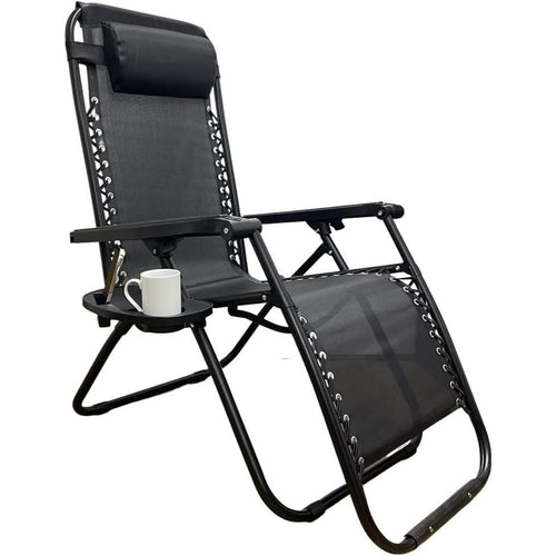 Zero‑Gravity Style Reclining Lounger – Folding Textoline Outdoor Chair with Side Tray & Headrest (Black)