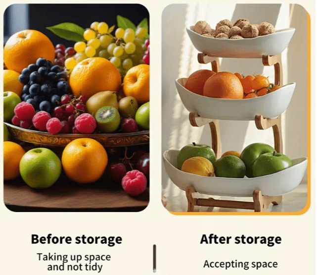 Wooden 3-Tier Fruit and Vegetable Basket with Wooden Legs - Versatile Kitchen Organizer for Fruits, Vegetables, and Iced Food - Perfect for Refrigerator Storage, Fruit Basket for Kitchen