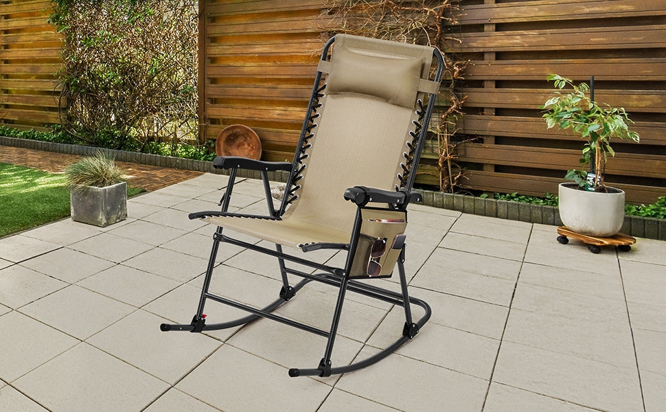 Costoffs Patio Chair Foldable Rocking Chair, Outdoor Lounge Chair with Headrest Pillow for Outdoor Use Only, Napping or Sunbathing, Black/Beige/Navy Blue Outdoor Use Only
