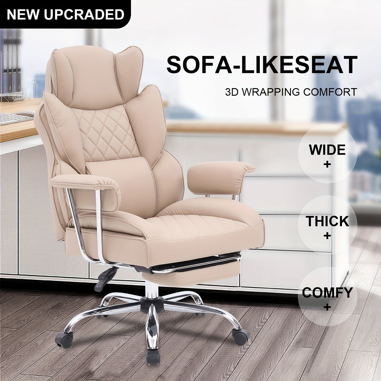Big And Tall Ergonomic Office Chair with Footrest, Extra Wide Seat And Lumbar Support, Soft Fixed Armrests Comfortable Computer Desk Chair for Home Or Office