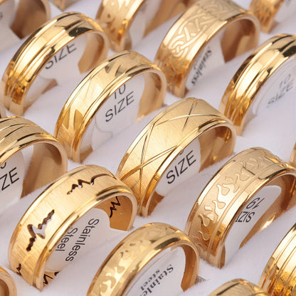 Over 20 Styles of Waterproof Stainless Steel Rings with Real Golden Plating And Intricate Hollowed-Out Striped Engravings