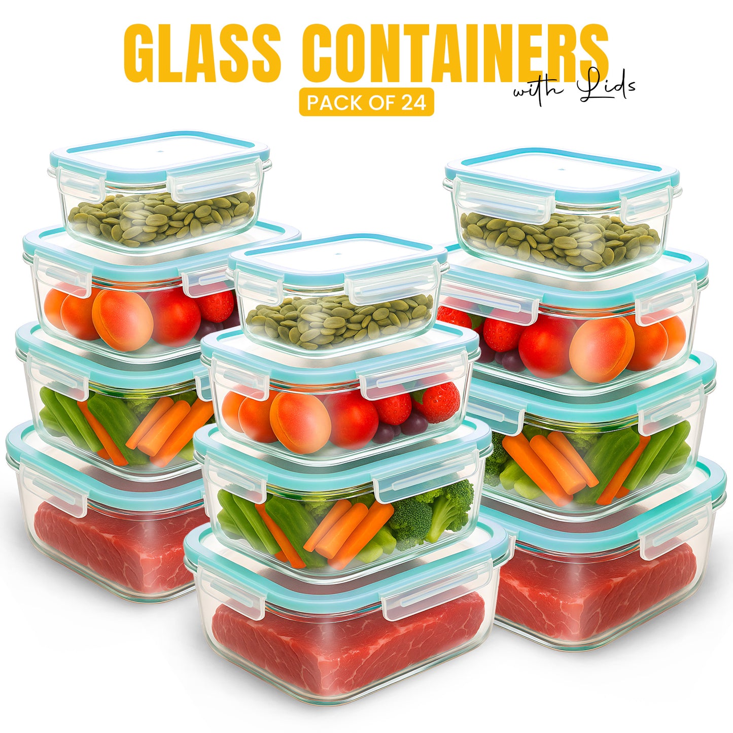 KICHLY Airtight Glass Food Storage Containers with Leakproof Lids – Square Meal Prep Containers with Silicone Seal – Oven, Freezer & Microwave Safe – Stackable Borosilicate Glass with Transparent Clip-Lock Lids