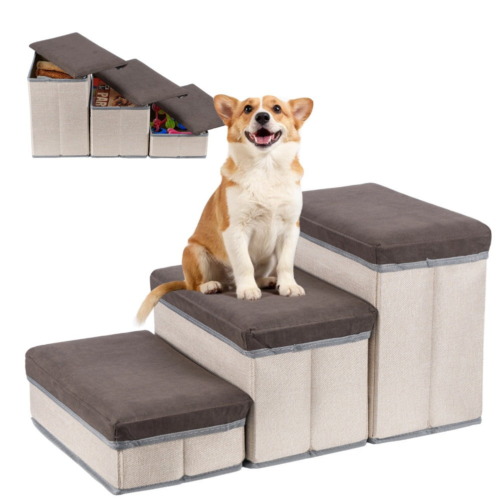 Foldable Dog Stairs 3 Tier with Storage Compartments – Adjustable Pet Steps for Bed & Sofa, Soft Flannel, 60x35x31cm | Small & Medium Dogs and Cats