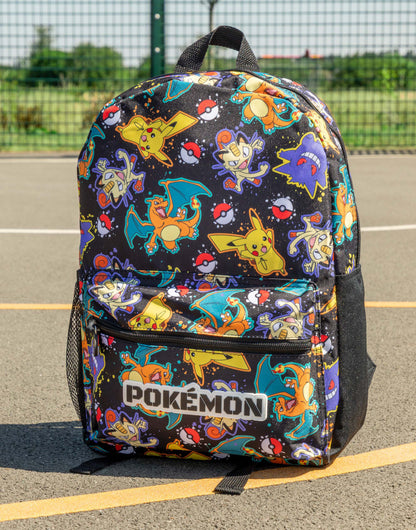 Pokémon Pikachu Charizard Gengar Meowth Backpack in Black | Kids Character All-Over Print Bag | Adjustable Shoulder Straps, Front Pocket & Mesh Holder