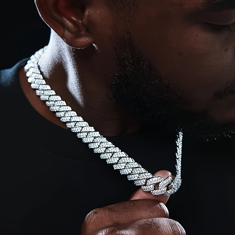 2pcs/set Necklace+bracelet Luxury Set Domineering Y2K Cuban Lozenge Link Chain Necklace, Hip Hop Miami Unisex Necklace, Rapper Necklace Jewelry, Trendy Accessories Encryption style