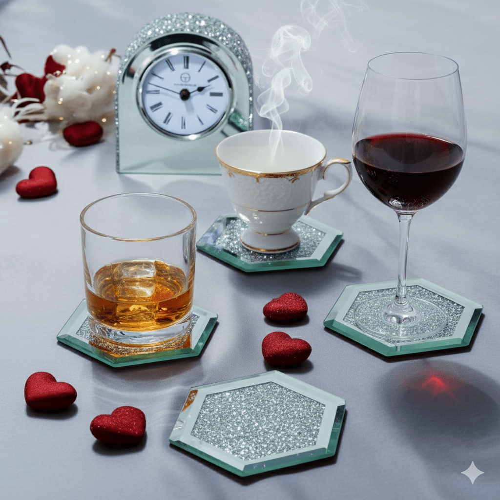 Serena's® Set of 4 Crystal Coasters – 10cm Glass Mirrored Drink Coasters with Glitter Crushed Diamond Design – Elegant Coasters for Home, Kitchen, Bar, or Table Decoration