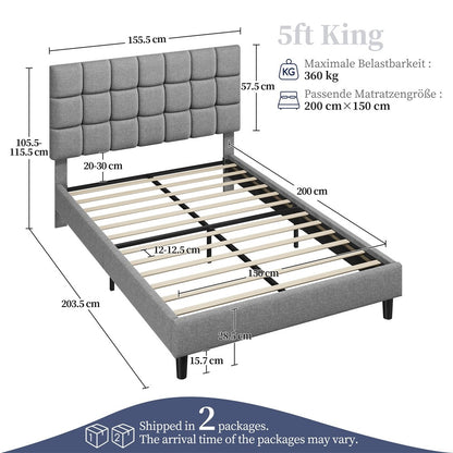 Costoffs Upholstered Bed Frame, Fabric Bed Frame with Fabric Headboard, Modern Platform Bed Frame with Strong Wooden Slats, Support and Square Tufted Headboard Height Adjustable, Double/King, Dark Gray/Light Gray/Beige