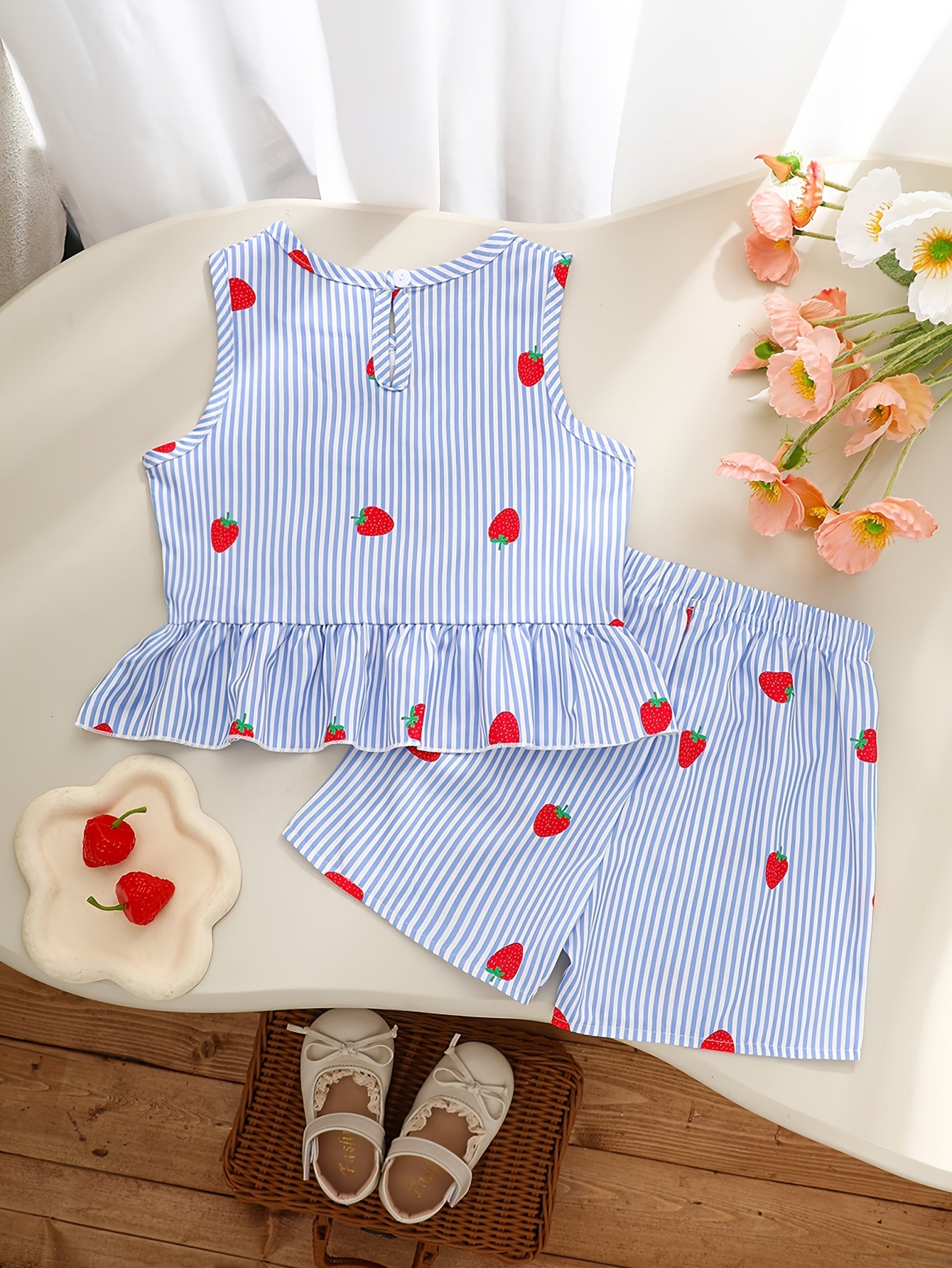 A Two-Piece Set. A Tank Top And Shorts Outfit Featuring Strawberry Prints, Striped Patterns, Bow Decorations, And a Ruffled Hem Design. This Is a Casual Summer Outfit for Girls. It Makes a Great Gift for Girls' Clothing. Suitable for Outdoor Wear