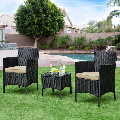 Costoffs Set of 3 Patio Table and Chairs, Outdoor Wicker Conversation Furniture Set, 2pcs Woven Rattan Chairs with Cushions and 1 Side Table
