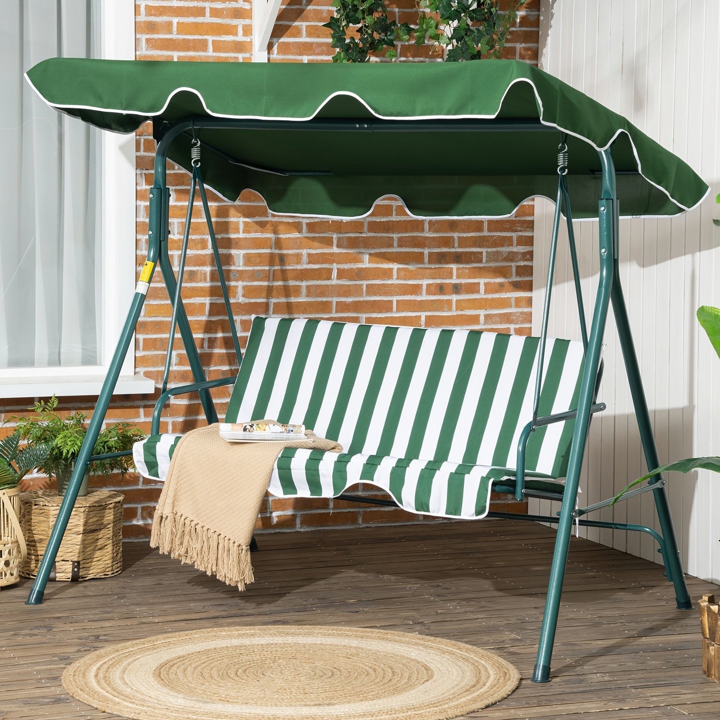3 Seater Swing Chair With Adjustable Canopy, Garden Swing Seat With Steel Frame, Padded Seat, Green