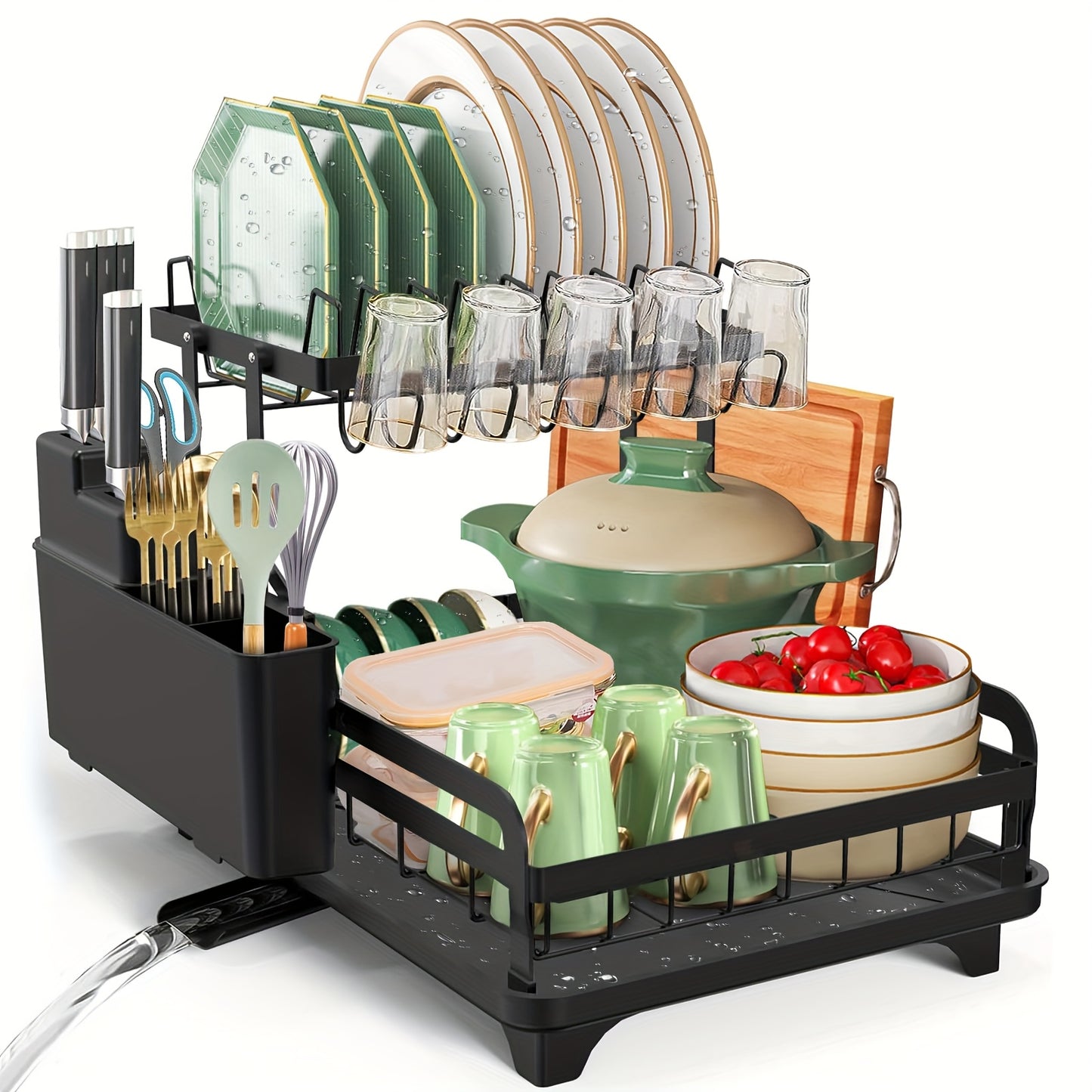 Dish Drying Rack, 2 Tier Foldable Stainless Steel Large Dish Drainer Rack with Drip Tray, Adjustable Utensil & Chopping Board Holder, Space- Saving Rustproof Non- Slip Kitchen Dish Dryer for Sink, Black