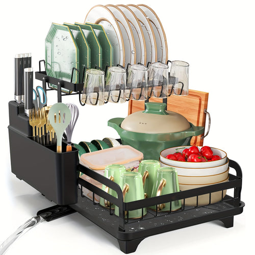 Dish Drying Rack, 2 Tier Foldable Stainless Steel Large Dish Drainer Rack with Drip Tray, Adjustable Utensil & Chopping Board Holder, Space- Saving Rustproof Non- Slip Kitchen Dish Dryer for Sink, Black