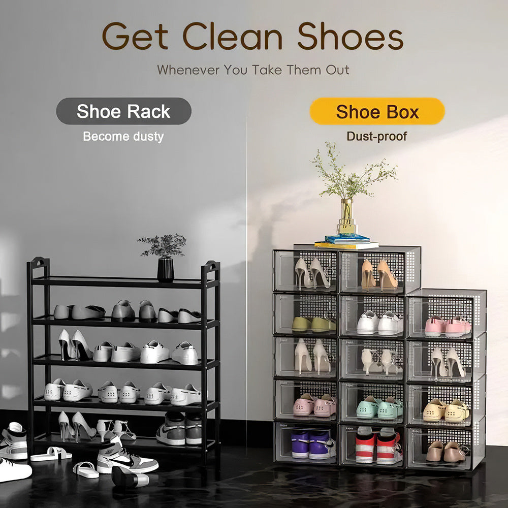 Pack of 12 Stackable Shoe Organizers Shoe Storage Boxes with Dustproof Doors, Large Shoe Boxes Transparent Foldable Shoe Storage Cabinet, Portable Space-saving Shoe Box, Under Bed Shoe Containers, Versatile Footwear Containers Holder for Entryway, Closet,