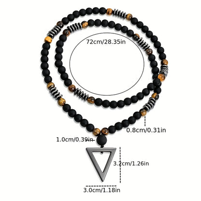 1pc Fashionable Retro Jewelry Yellow Tiger Eye Black Agate with Hematite Stone Triangle Pendant for Men'S Original Stone Necklace for Daily Wear
