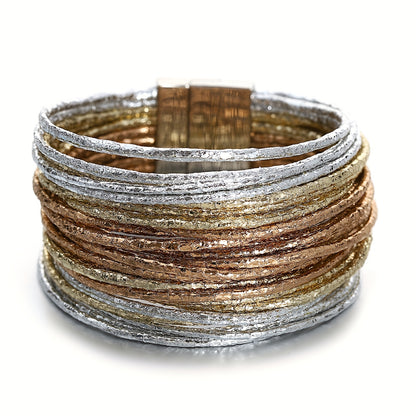 1pc Slim Stripes Wide Multilayer Wrap Bracelet Metallic Shiny Glitter Artificial Leather Cuff with Magnetic Clasp Jewelry for Men Women Holiday Party Birthday Gifts