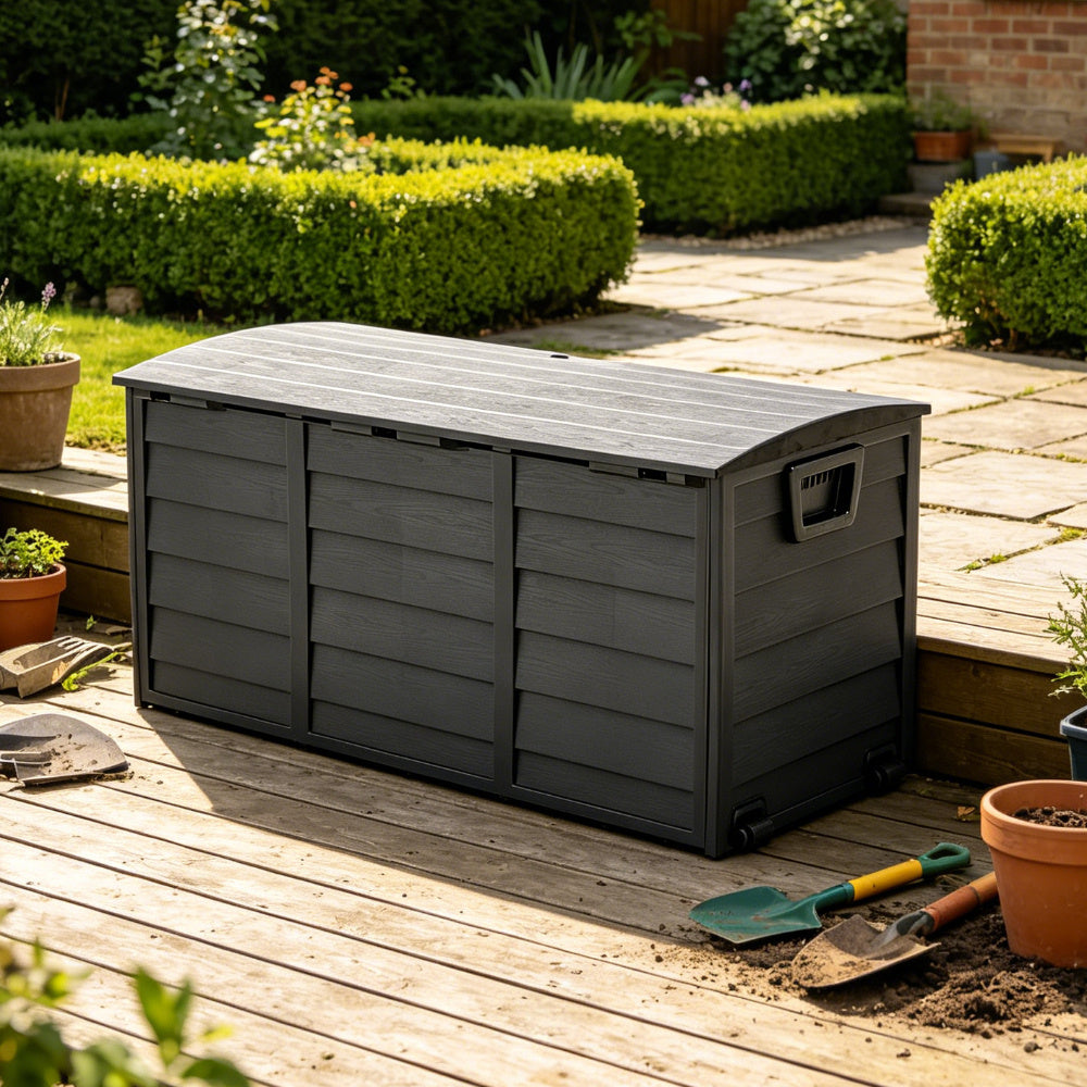 Large Capacity Outdoor Plastic Cushions Storage Box Utility Patio Deck Box with Wheel Lockable Lid Container Case Home Organizer for Parcels, Garden Tools, Clothes, Blankets, Pillows & More 112*49*54cm