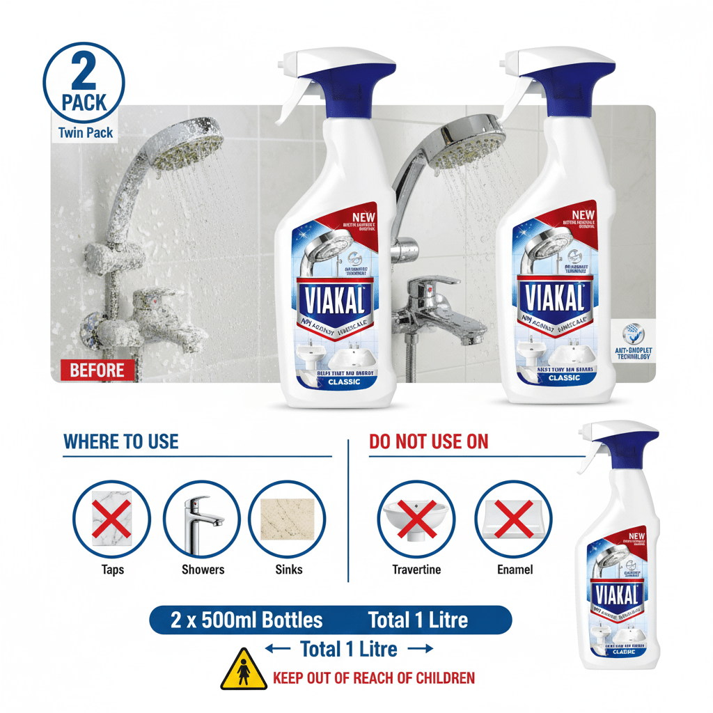 VIAKAL CLASSIC Limescale Remover Spray, 2 x 500ml, Multi-Surface Bathroom and Kitchen Cleaner, Helps Remove Limescale and Watermarks
