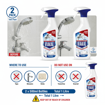 VIAKAL CLASSIC Limescale Remover Spray, 2 x 500ml, Multi-Surface Bathroom and Kitchen Cleaner, Helps Remove Limescale and Watermarks
