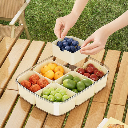 Snack Box with 6 Compartments, Snack Plate with Lid, Portable Storage Box, Bento Box with Handle, Storage Container for Candy, Veggie, Biscuit, Nuts, Fruit, Cream White
