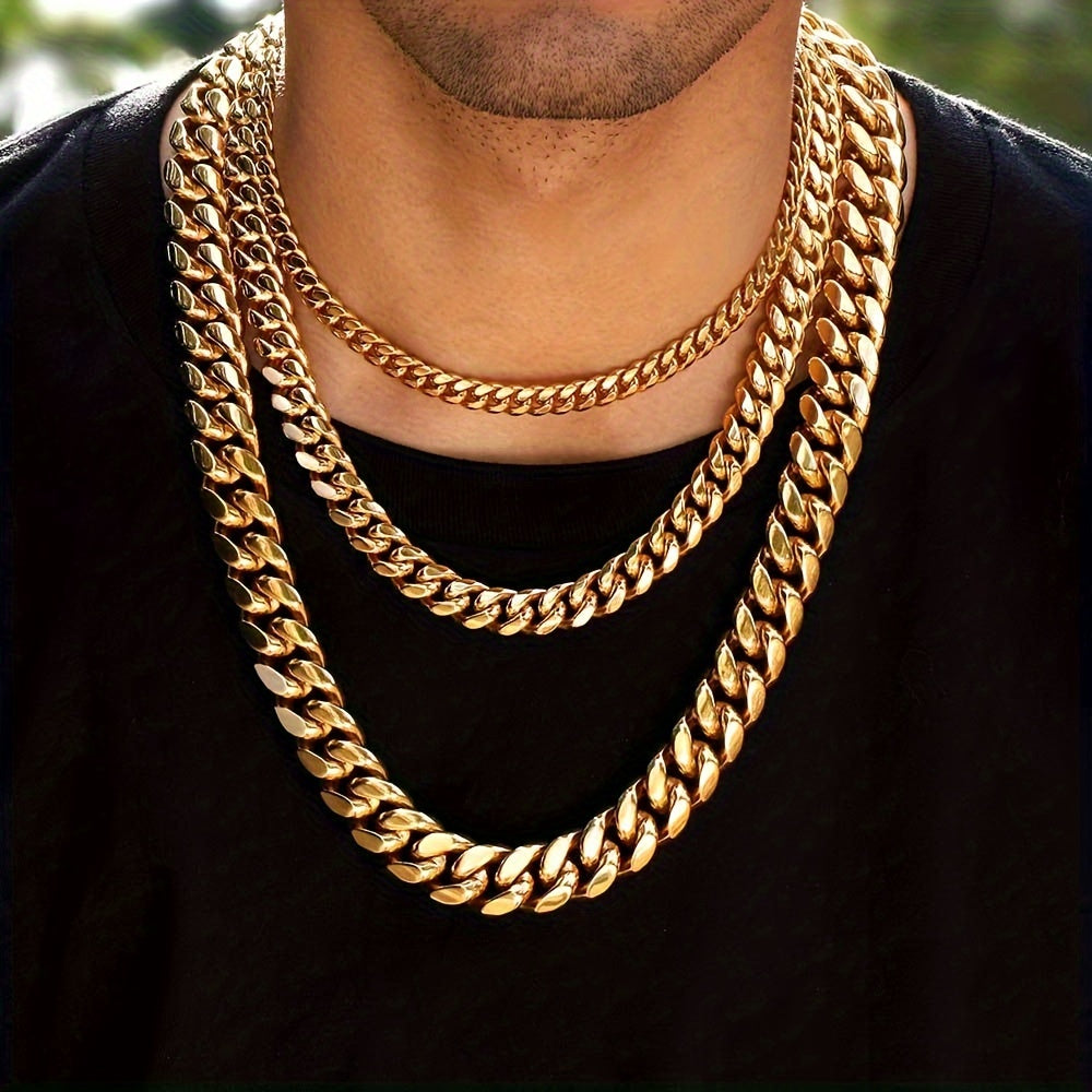 304L 304L Stainless Steel Artificial Round Polished Surface Plated 18K Gold Plated Width 10Mm Golden Cuban Bracelet 'Necklace' Suitable for Men And Women Hip Hop Fashion Accessory Jewelry