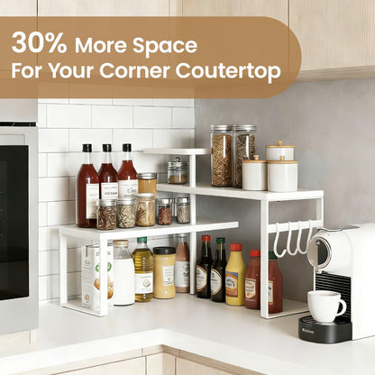 3-Tier Adjustable Countertop Organizer Spice Rack, Corner Shelf with 4 Hooks, Rustic Kitchen Counter Organizer for Coffee Bar, Bathroom, Cabinet, Desk