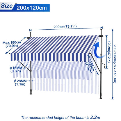 Retractable Awning 200x120cm Hand Crank | No Drilling Clamp Fit | UV Resistant 180g/m² PU Coated | 0-90° Tilt Height 1.75-3m | Patio Balcony Sun Shade | 4 Colours