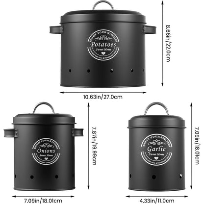 Retro Canister Set of 3 – Potato, Onion, Garlic Storage Containers – Stylish Metal Tins for Kitchen Pantry – Fresh Vegetable Keeper
