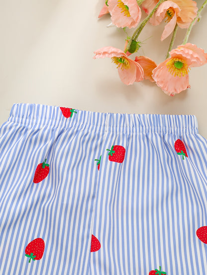 A Two-Piece Set. A Tank Top And Shorts Outfit Featuring Strawberry Prints, Striped Patterns, Bow Decorations, And a Ruffled Hem Design. This Is a Casual Summer Outfit for Girls. It Makes a Great Gift for Girls' Clothing. Suitable for Outdoor Wear