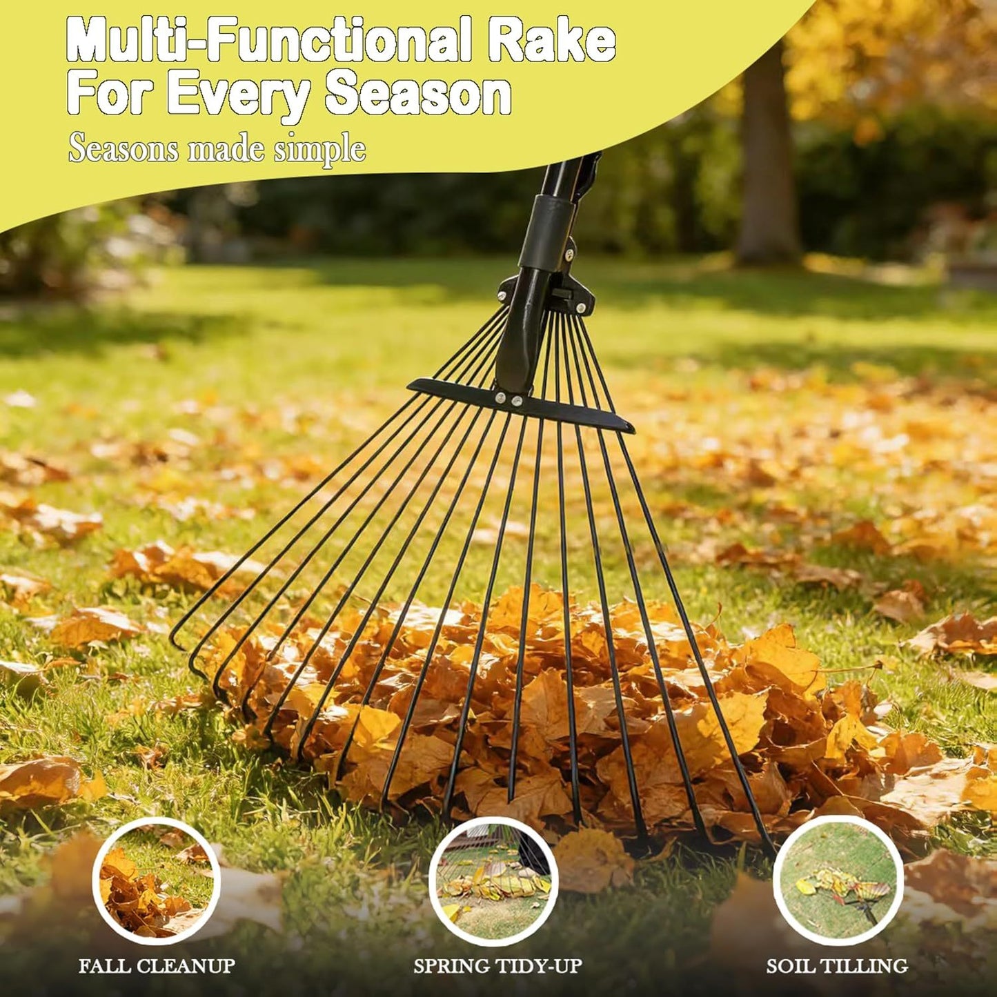 Leaf Rake, 15 Metal Tines, Adjustable Garden Rake with 20-60 cm Wide Head and 81-170 cm Handle, Tool for Removing Leaves in Gardening, Patio, Lawn
