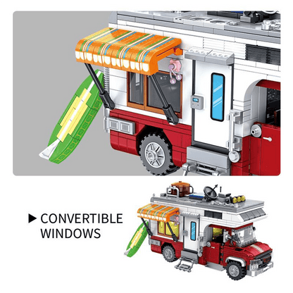 Camper Van Building Blocks Toy, Street View Series Building Blocks, Decompression Assembly Model, Desktop Decoration Ornament, With Built-In Light Up Components, Rich Camping Scene Accessories, Highly Restored Detailed Appearance, No Stuck During Assembly
