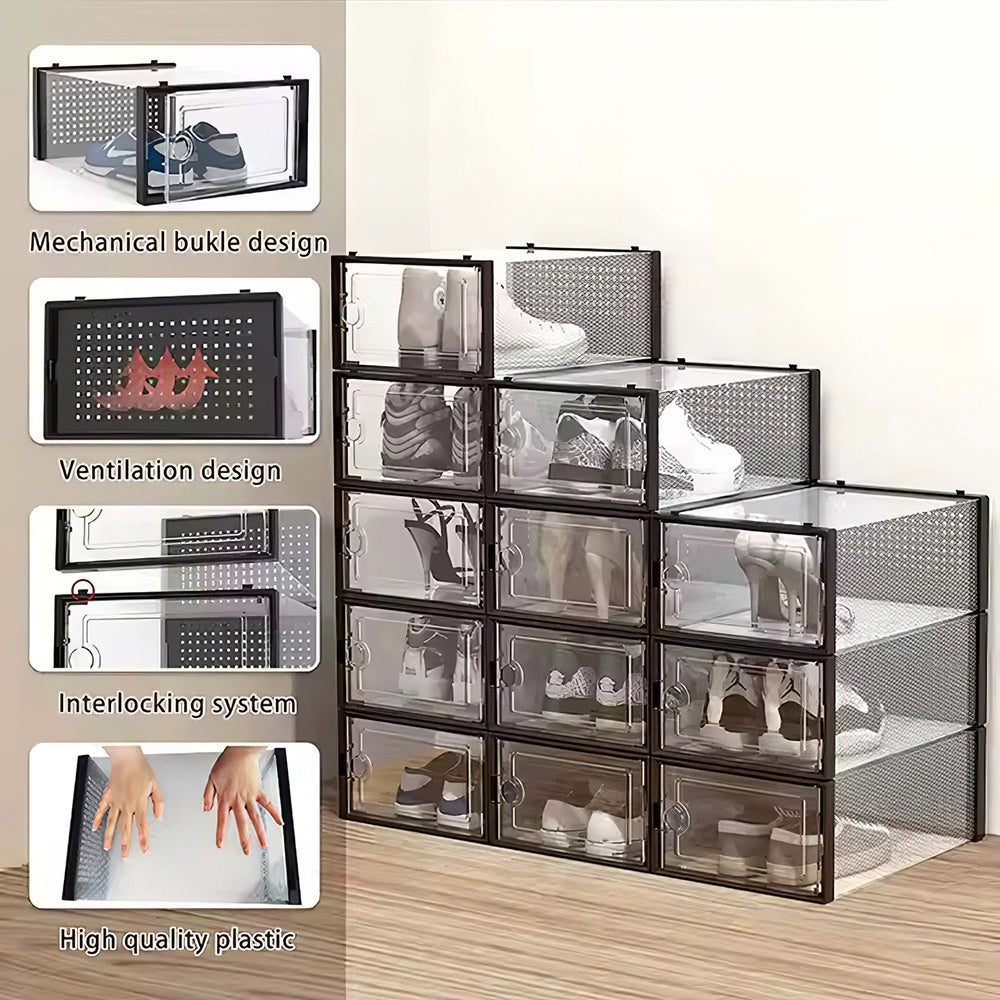 Folding Shoe Storage Box, 12 Pack Clear Transparent Shoe Storage Boxes Hard Plastic Stackable Organiser Containers Bins, DIY Easy Assembly, Sturdy & Durable, Space Saving, Black Door Frame, Foldable and Versatile for Sneakers, Fit up to UK Size 9.5