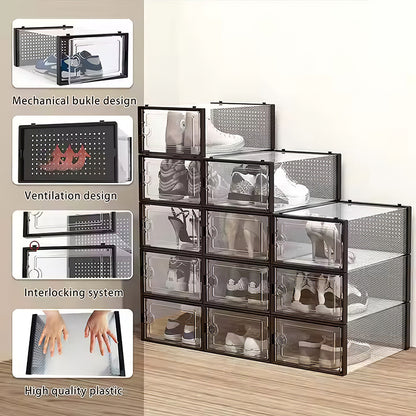 Folding Shoe Storage Box, 12 Pack Clear Transparent Shoe Storage Boxes Hard Plastic Stackable Organiser Containers Bins, DIY Easy Assembly, Sturdy & Durable, Space Saving, Black Door Frame, Foldable and Versatile for Sneakers, Fit up to UK Size 9.5