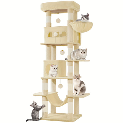 170cm Large Cat Tree, Cat Tower for Maine Cat, Multi-Storey Scratching Post with Large Perch, Washable Mat, Cat House Furniture with 2 Caves, 8 Scratching Posts, Light Grey, Dark Grey