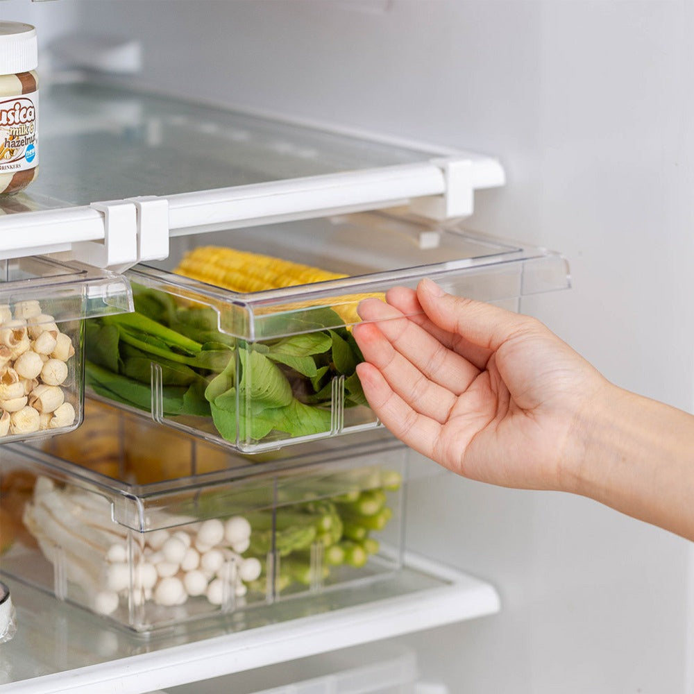 Fridge Organiser Pull-Out Drawer – Clear Under-Shelf Refrigerator Storage Box with Sliding Rail, Stackable Space-Saving Bin for Kitchen Fridge, Freezer & Cabinet, Fits 30-44cm Shelves, 30.5 x 20 x 9.5cm