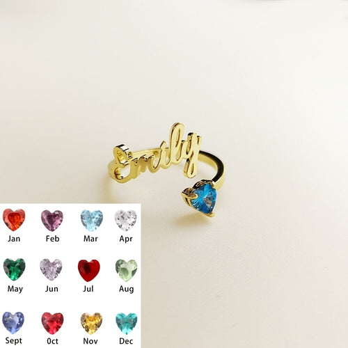 Personalized Heart Birthstone Ring, Custom Birthstone Golden Name Ring, Stainless Steel Elegant Nameplate Open Ring, Best Birthday Gift for Her, Birthstone Jewelry, Light Issues May Cause Color Differences in Birthstones