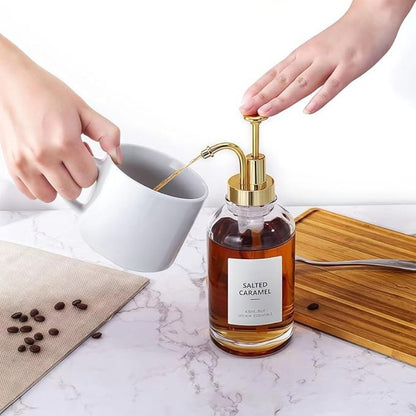 Glass Coffee Syrup Dispenser, Press-Type Liquid Dispenser 2pcs Set, Glass Honey Pot Honey Jar Shampoo and Conditioner Dispenser, 500ml, Gold