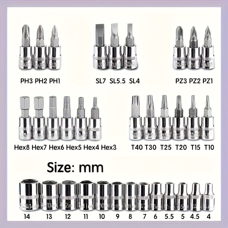 43pcs/52pcs 1/4" Heavy-Duty Socket Set With Quick-Release Ratchet, Screwdriver Kit, And Extension For Manual Use On Automobiles And Trucks - Includes Durable Iron Construction, Storage Case, And Versatile Tool Kit For And Professional Mechanics