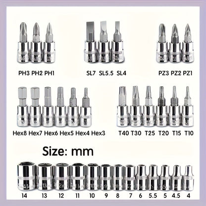 43pcs/52pcs 1/4" Heavy-Duty Socket Set With Quick-Release Ratchet, Screwdriver Kit, And Extension For Manual Use On Automobiles And Trucks - Includes Durable Iron Construction, Storage Case, And Versatile Tool Kit For And Professional Mechanics