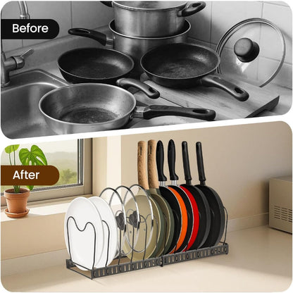 1 Set Pot and Pan Organizer Rack with 10 Adjustable Dividers – Expandable Kitchen Cabinet Storage for Lids, Dishes, Cookware – Bakeware Rack for RV & Home