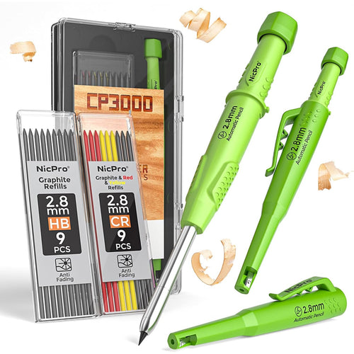 CP3000 Heavy Duty Mechanical Carpenter Pencil Set with Sharpener & 19 Refills - Green Construction Pencils with Deep Hole Marker, Ergonomic Grip, Durable Plastic & Precision Tip for Woodworking, Architectural Drawing, Engineering