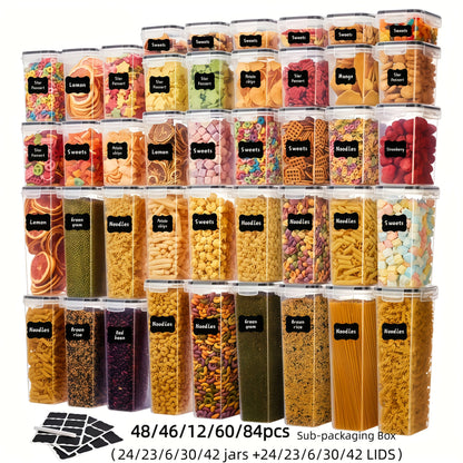 48/46/12/60/84pcs Air-tight Crisper with Lid, Label And Marker, Plastic Kitchen Pantry Storage Container for Sugar, Flour And Baking Supplies, Kitchen Supplies, to Keep Food Fresh And Organized, (24/23/6/30/42Jars +24/23/6/30/42LIDS), Packaging Box
