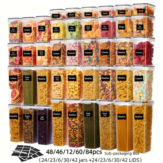 48/46/12/60/84pcs Air-tight Crisper with Lid, Label And Marker, Plastic Kitchen Pantry Storage Container for Sugar, Flour And Baking Supplies, Kitchen Supplies, to Keep Food Fresh And Organized, (24/23/6/30/42Jars +24/23/6/30/42LIDS), Packaging Box