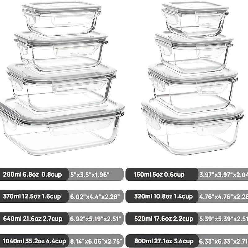 8pcs Glass Storage Container Set with Lids, Stackable, Leak-Proof Snap-Lock Seal, a Great Helper for Kitchen Storage, Suitable for Ovens, Microwaves, Refrigerators, And Dishwashers