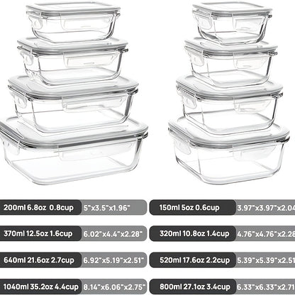 8pcs Glass Storage Container Set with Lids, Stackable, Leak-Proof Snap-Lock Seal, a Great Helper for Kitchen Storage, Suitable for Ovens, Microwaves, Refrigerators, And Dishwashers