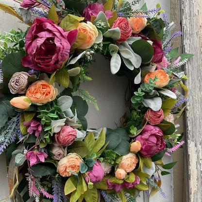Luxurious Artificial Peony Rose Garland Wreath with Foliage - Blooming Peonies & Roses Suitable for Farmhouse, Wedding, Front Door Hanging, Spring Summer Decor, Plastic Flower Vine for Home Office Decoration
