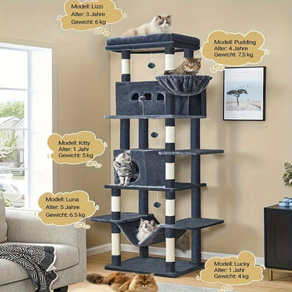 210 Cm Large Cat Scratching Post, Cat Tower For Maine Cats, Large Cats, Multi-Level Scratching Post With Large Perch, Washable Mat, Cat House Furniture With 2 Caves, 8 Scratching Posts, Dark Grey