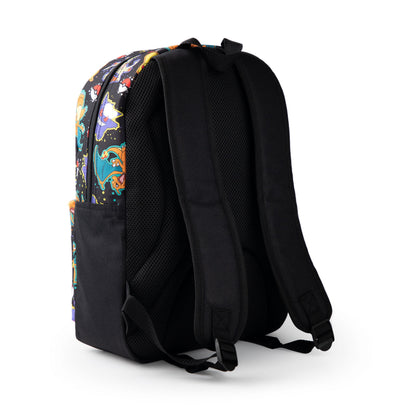 Pokémon Pikachu Charizard Gengar Meowth Backpack in Black | Kids Character All-Over Print Bag | Adjustable Shoulder Straps, Front Pocket & Mesh Holder