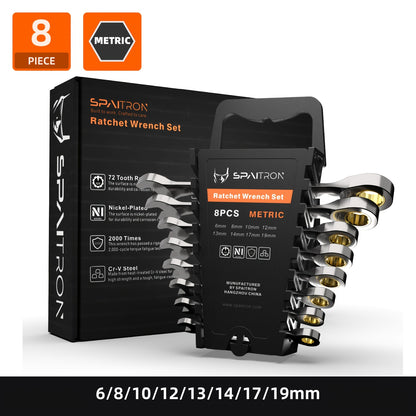 SPAITRON Ratchet Spanner Wrench Set, 6-19mm, 12/8pcs, 72-Teeth, Cr-V Nickel-Plated, Heavy Duty, Plastic Rack Storage, Car Auto & Home DIY Repair Hand Tools, Ideal Gift