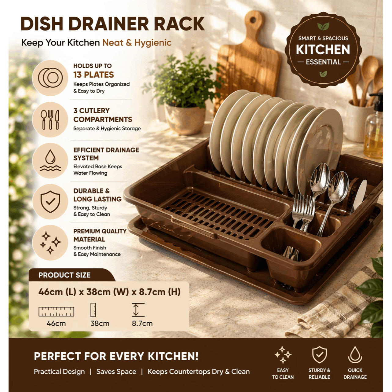 STL Plastic Dish Drainer with Anti-Drip Tray, Capacity for 13 Plates, 5 Color Options, Food Grade, BPA Free, Kitchen Organizer (Grey)